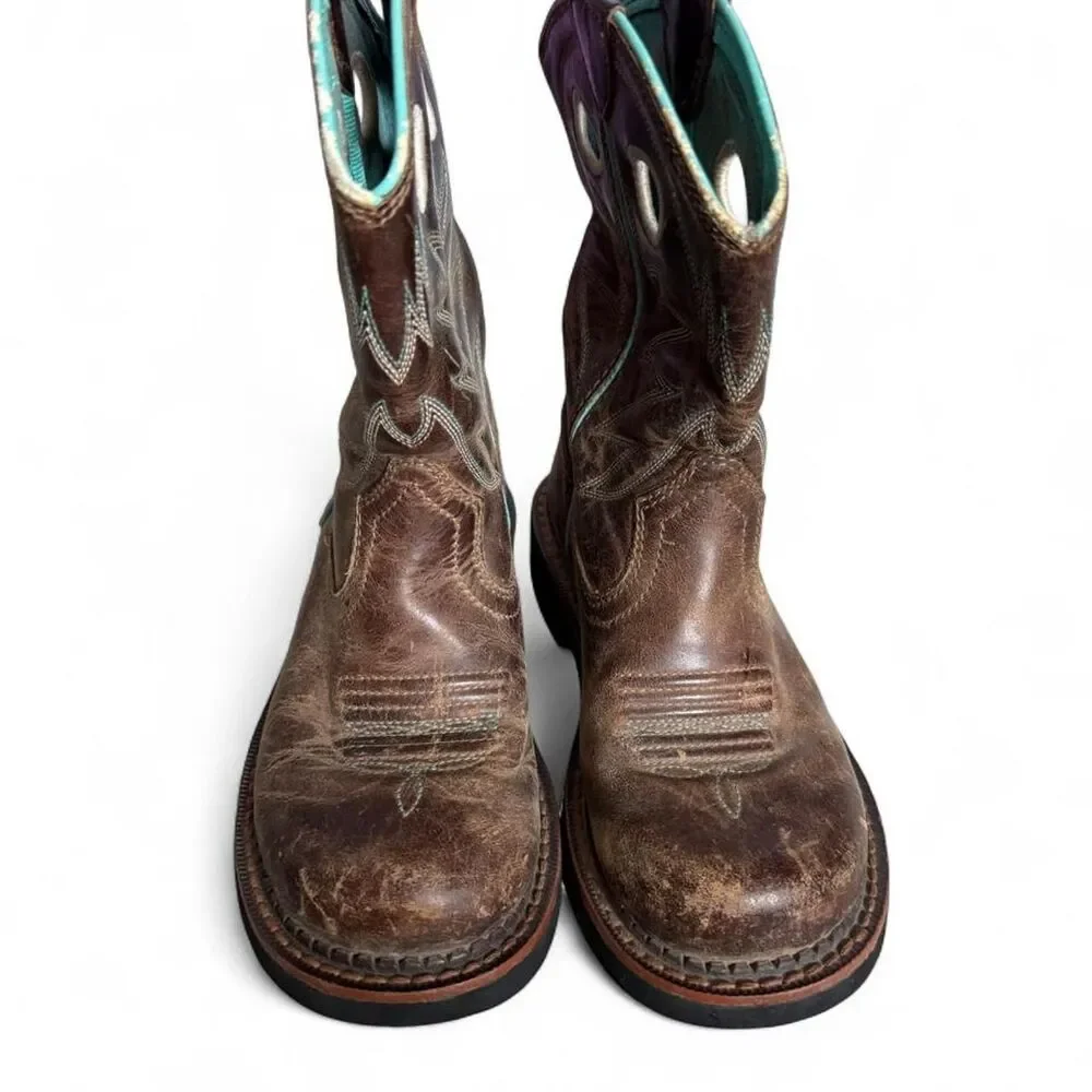 Ariat Kids Size 12 Western Cowboy Boots Brown Leather Turquoise Square Toe